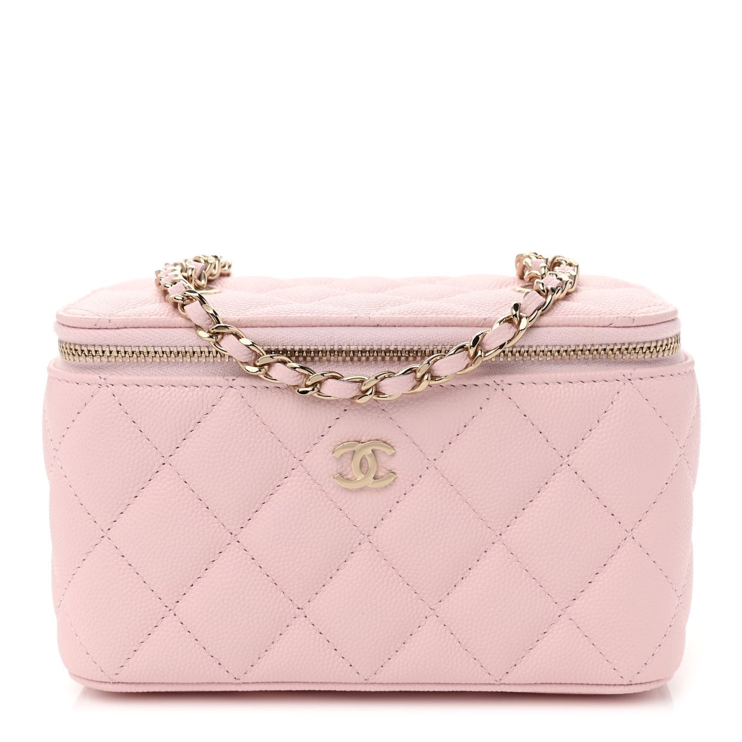 Caviar Quilted Small Vanity Case With Chain Light Pink