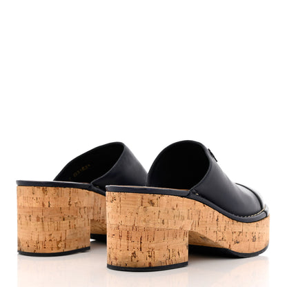 Chanel Calfskin Cork Cap Toe Platform Mules 37.5 Navy Black 4 of 10