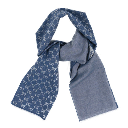 Gucci Wool GG Monogram HalfGG Fringe Scarf Ivory Sky Blue 2 of 4