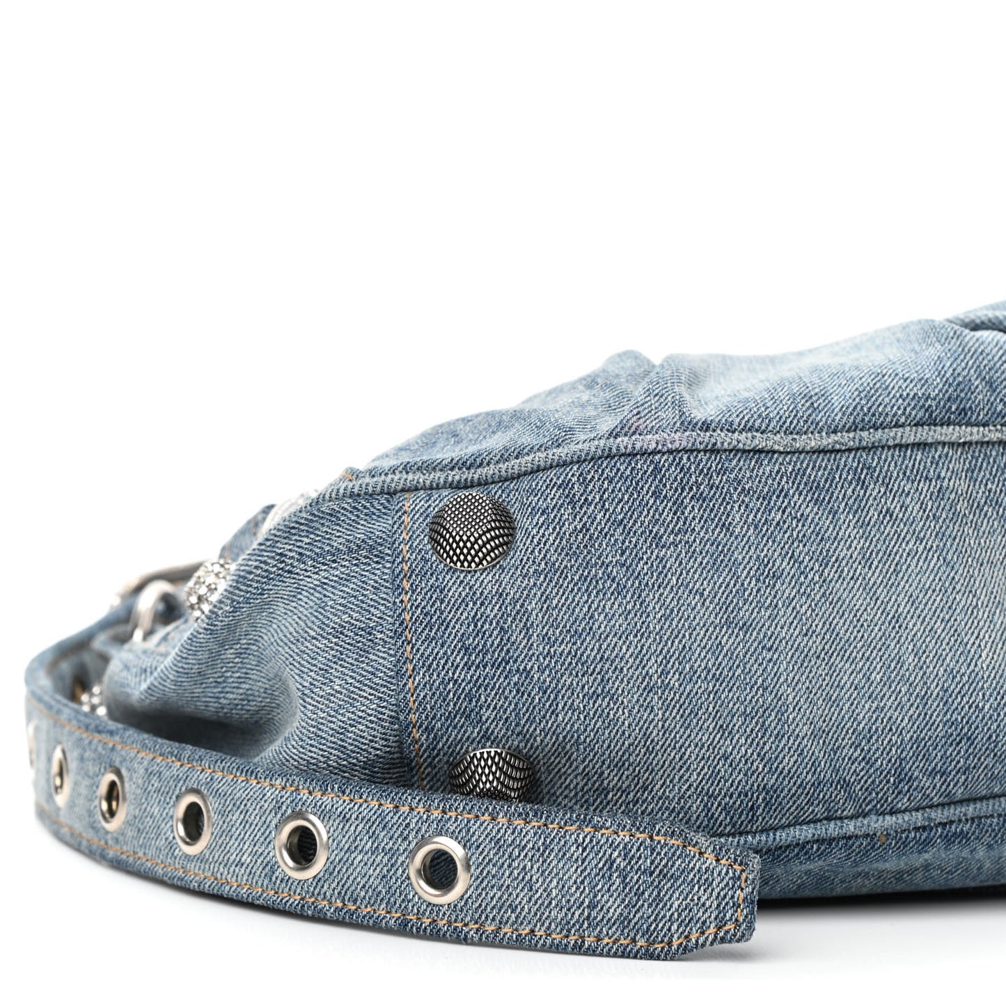 Washed Frayed Denim Crystal Small Le Cagole Shoulder Bag Blue