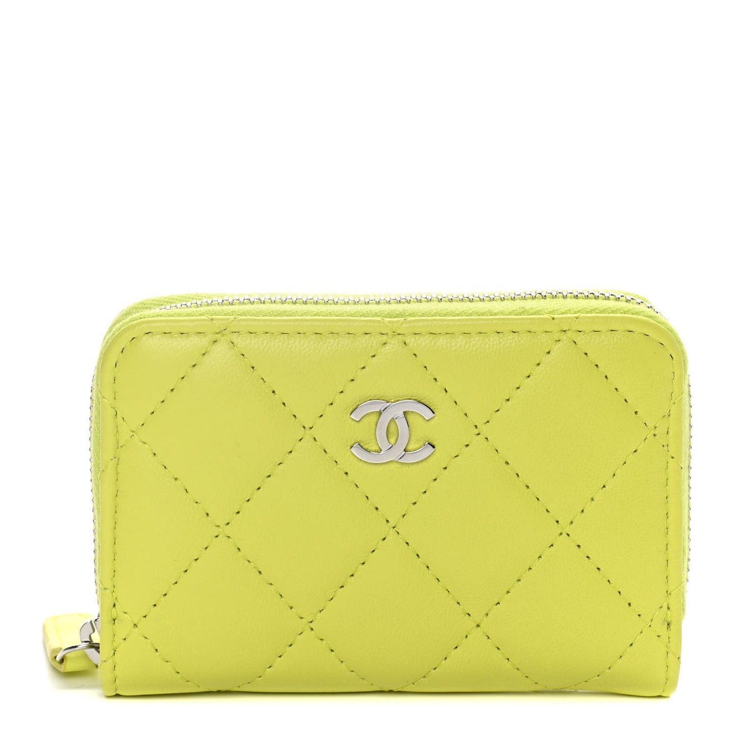 Lambskin Quilted Zip Coin Purse Wallet Neon Yellow
