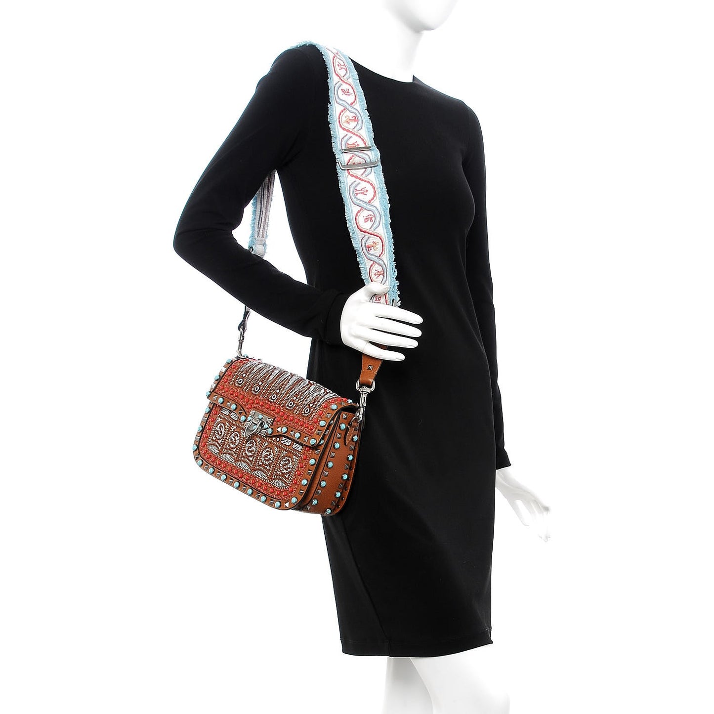 Calfskin Embroidered Medium Guitar Strap Rockstud Rolling Flap Saddle Bag Light Cuir