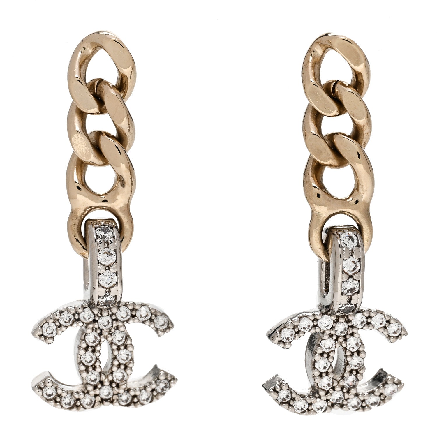 Chanel Metal Crystal CC Chain Drop Earrings Gold 1 of 4