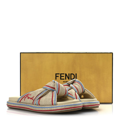 Fendi Raffia Cursive Logo Embroidered Mix Slide Sandals 39 Giallo 13 of 13