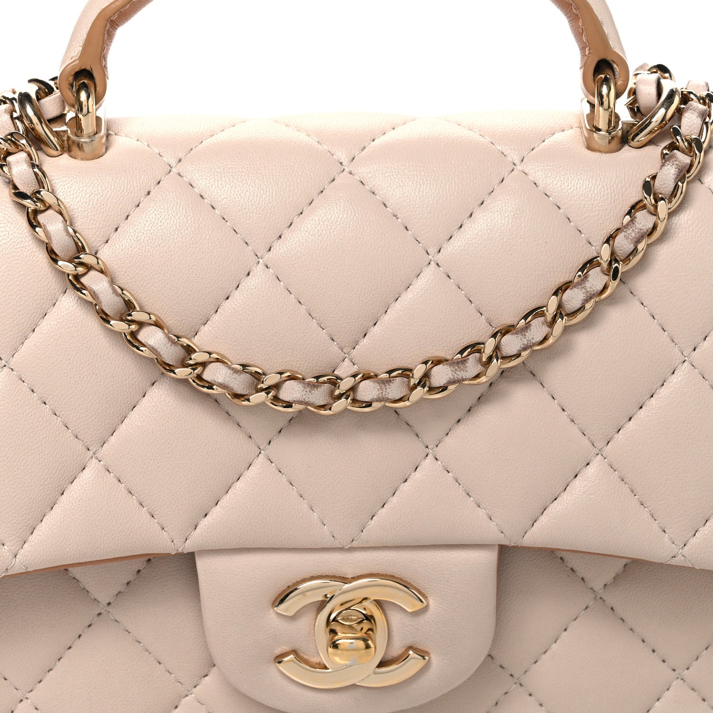 Lambskin Quilted Bi-Color Mini Top Handle Rectangular Flap Ecru Dark Beige