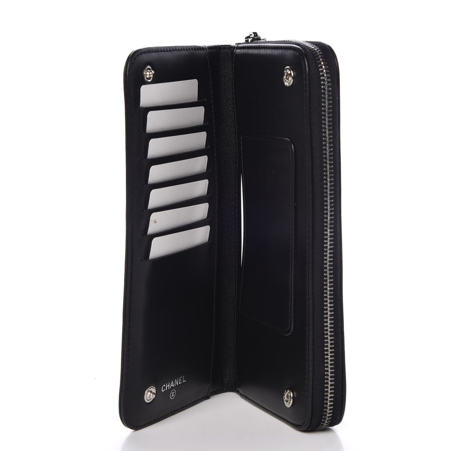 Lambskin Quilted Logo Zip Around Wallet Black