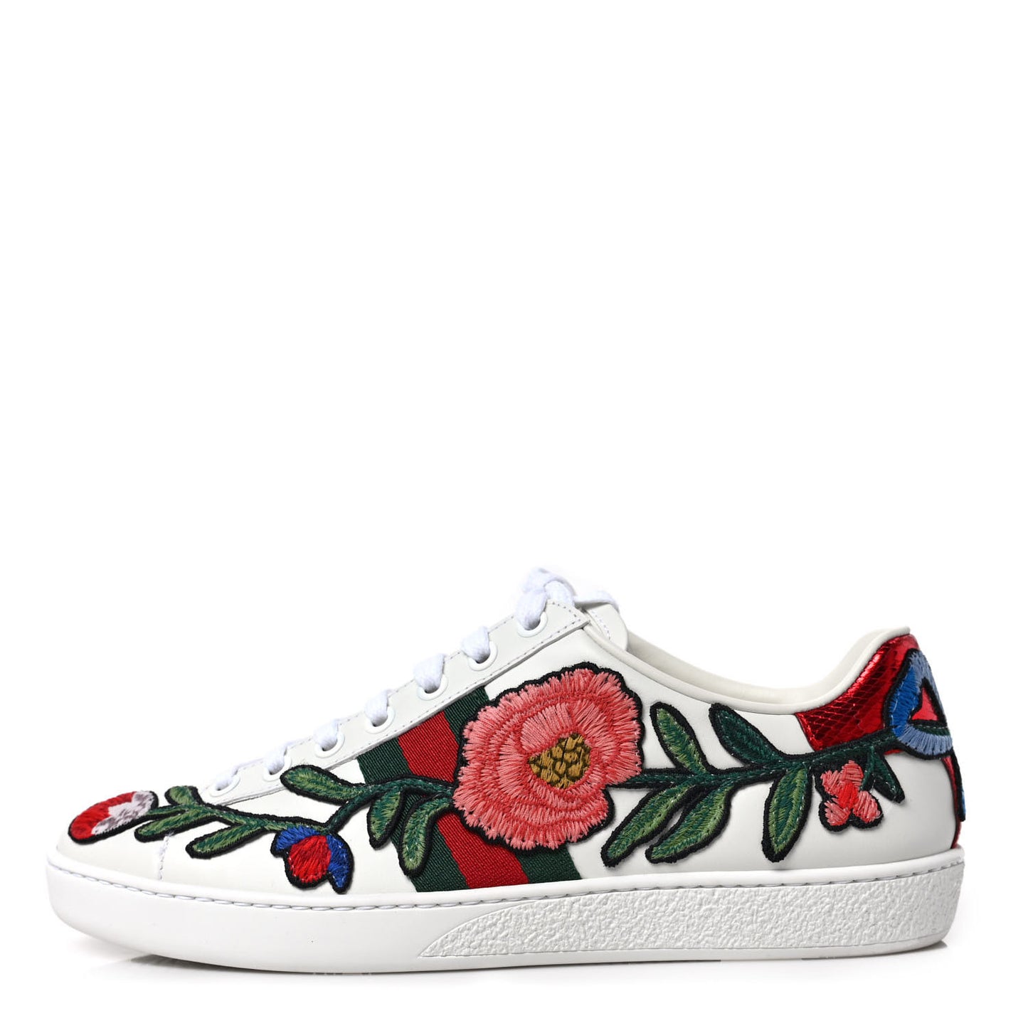 Calfskin Web Floral Embroidered Womens Ace Sneakers 36.5 White