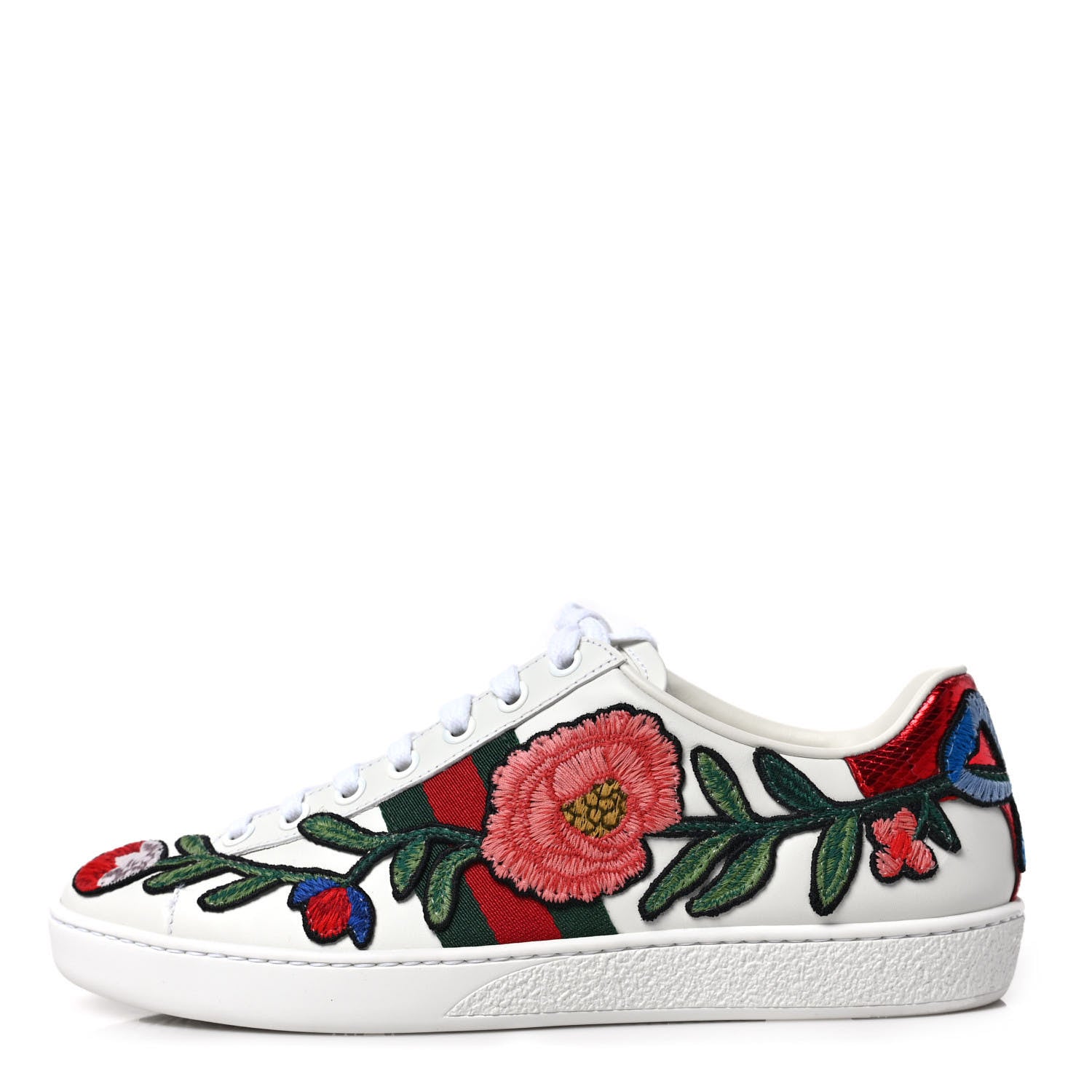 Gucci Calfskin Web Floral Embroidered Womens Ace Sneakers 36.5 White 1 of 10