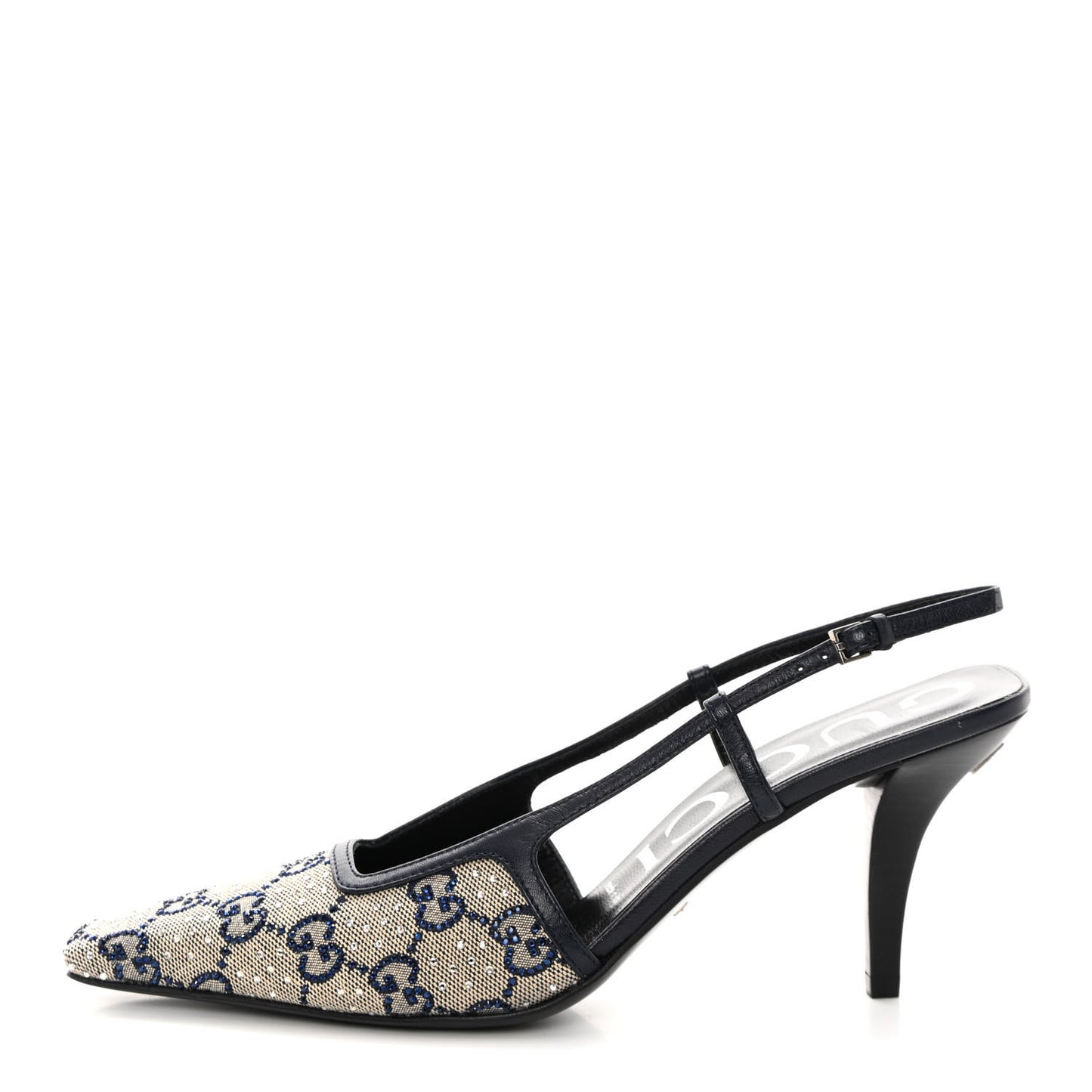 GG Monogram Malaga Kid Crystal Square G 35mm Slingback Pumps 37.5 Beige Blue
