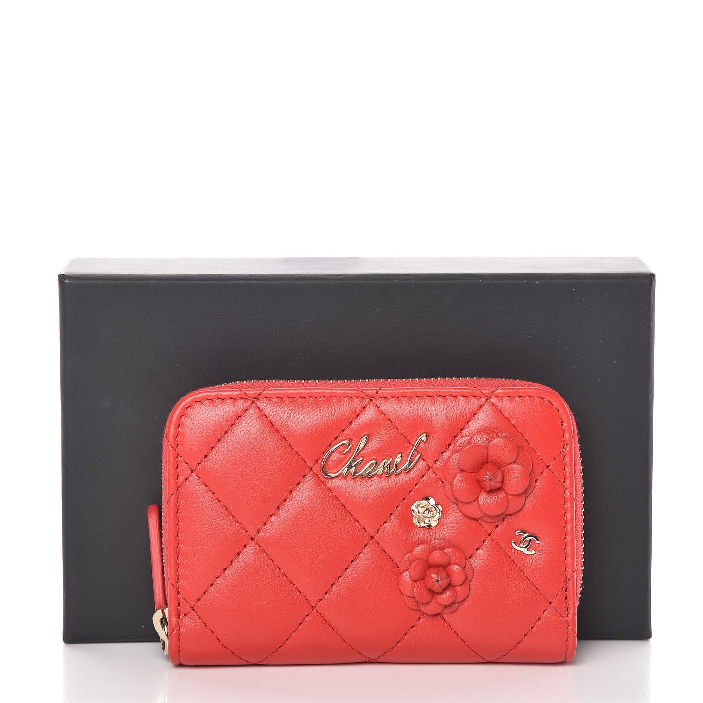 Lambskin Quilted Camellia Zip Coin Purse Red
