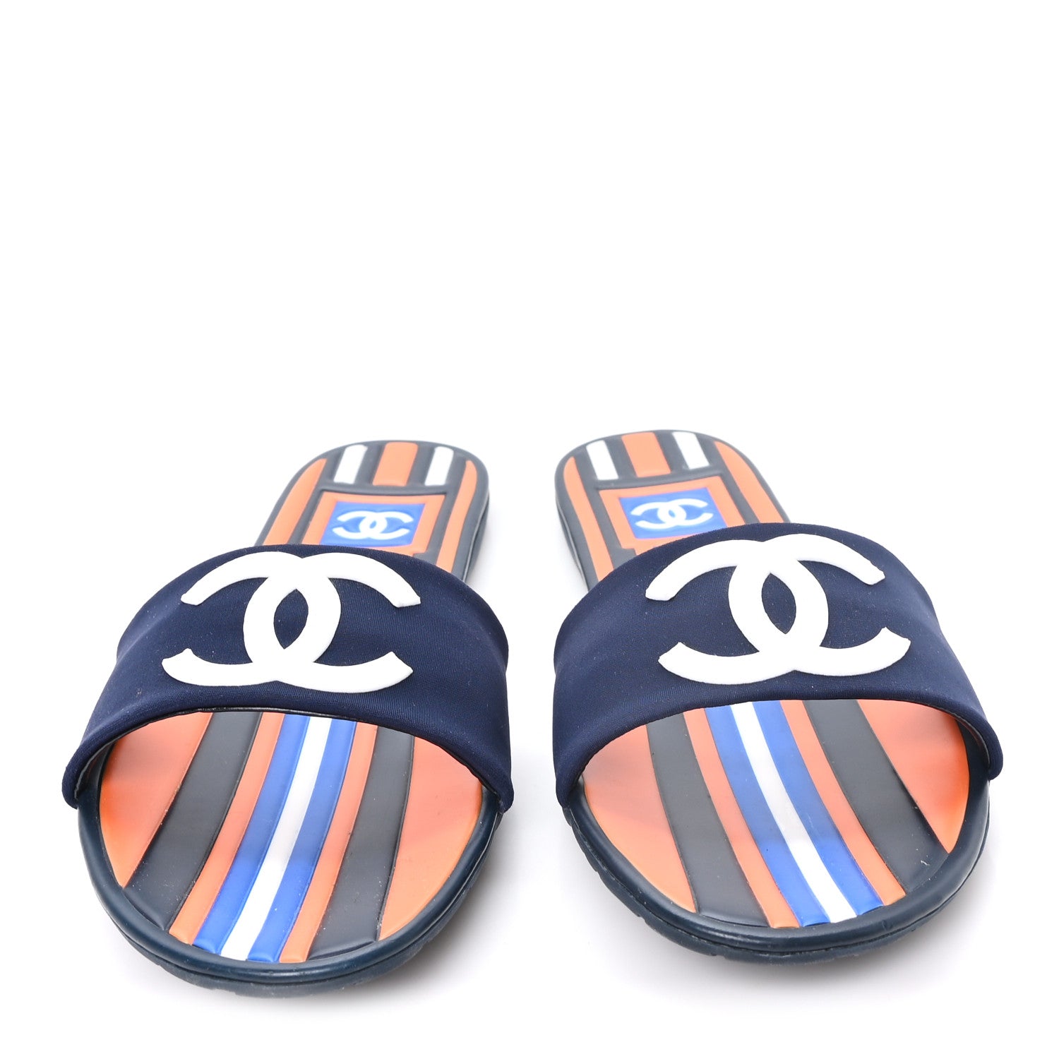 Chanel Rubber CC Mules Sandals 38 Dark Navy Blue Orange 1939404