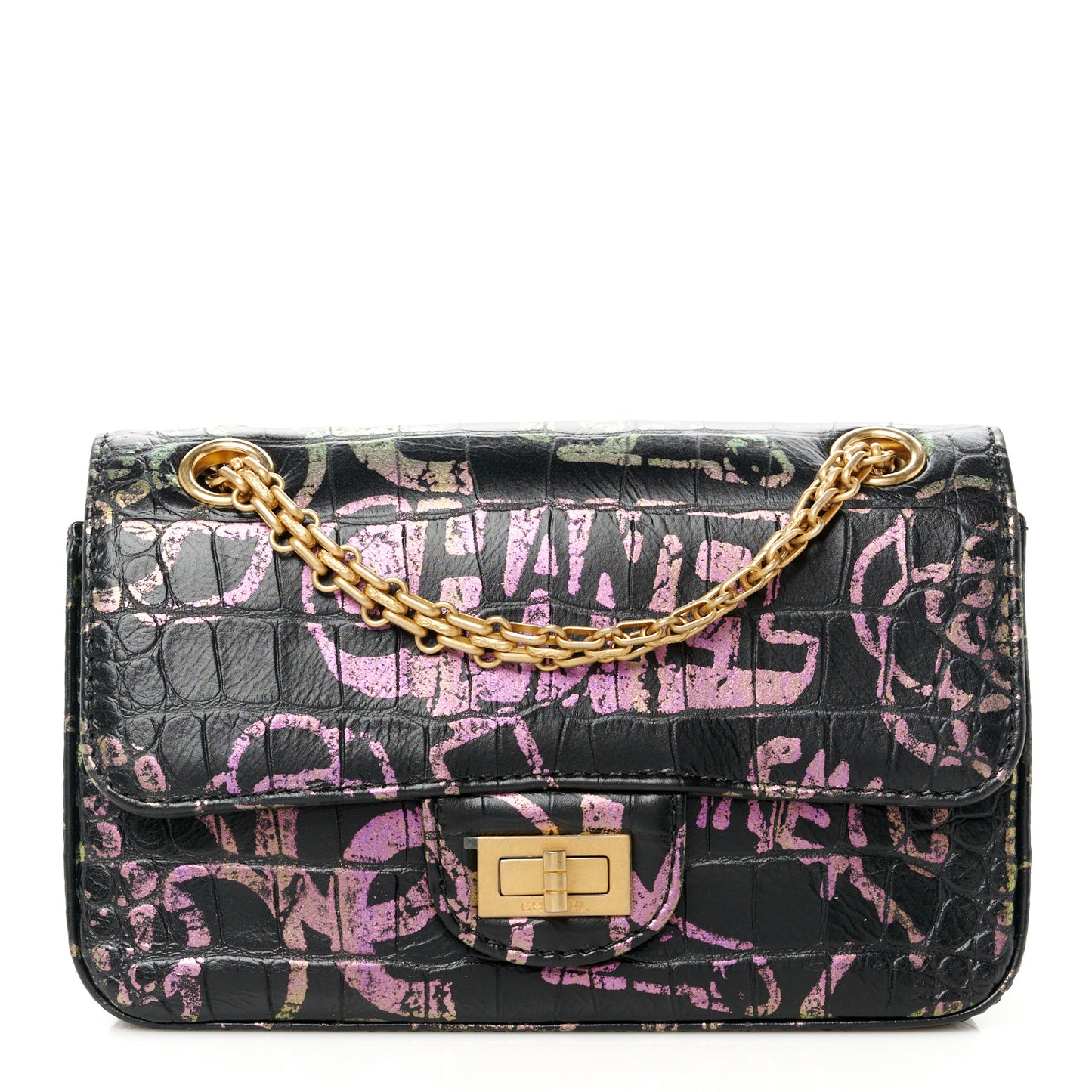 Calfskin Crocodile Embossed Graffiti 2.55 Mini Cocodile Reissue Flap Black Pink