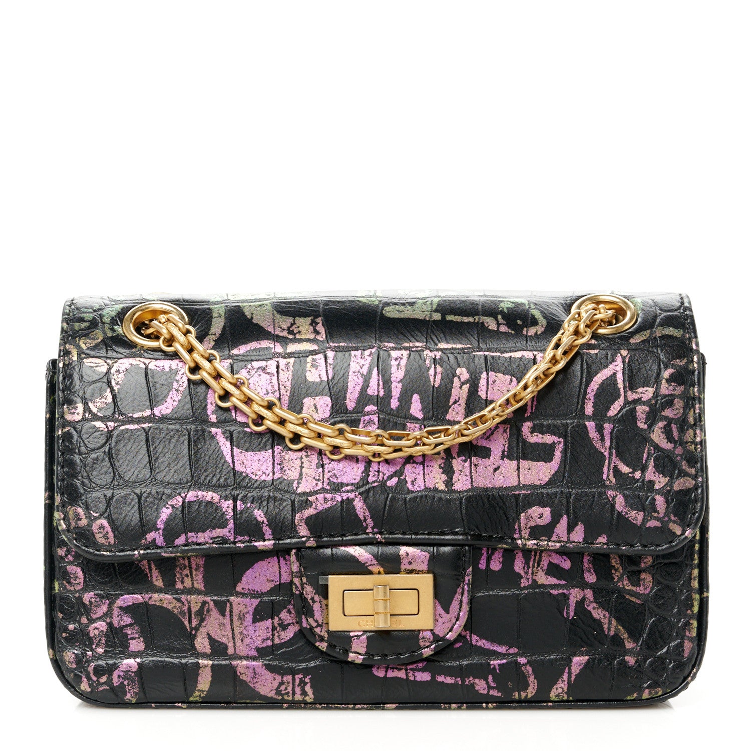 Chanel Calfskin Crocodile Embossed Graffiti 2.55 Mini Cocodile Reissue Flap Black Pink 1 of 11