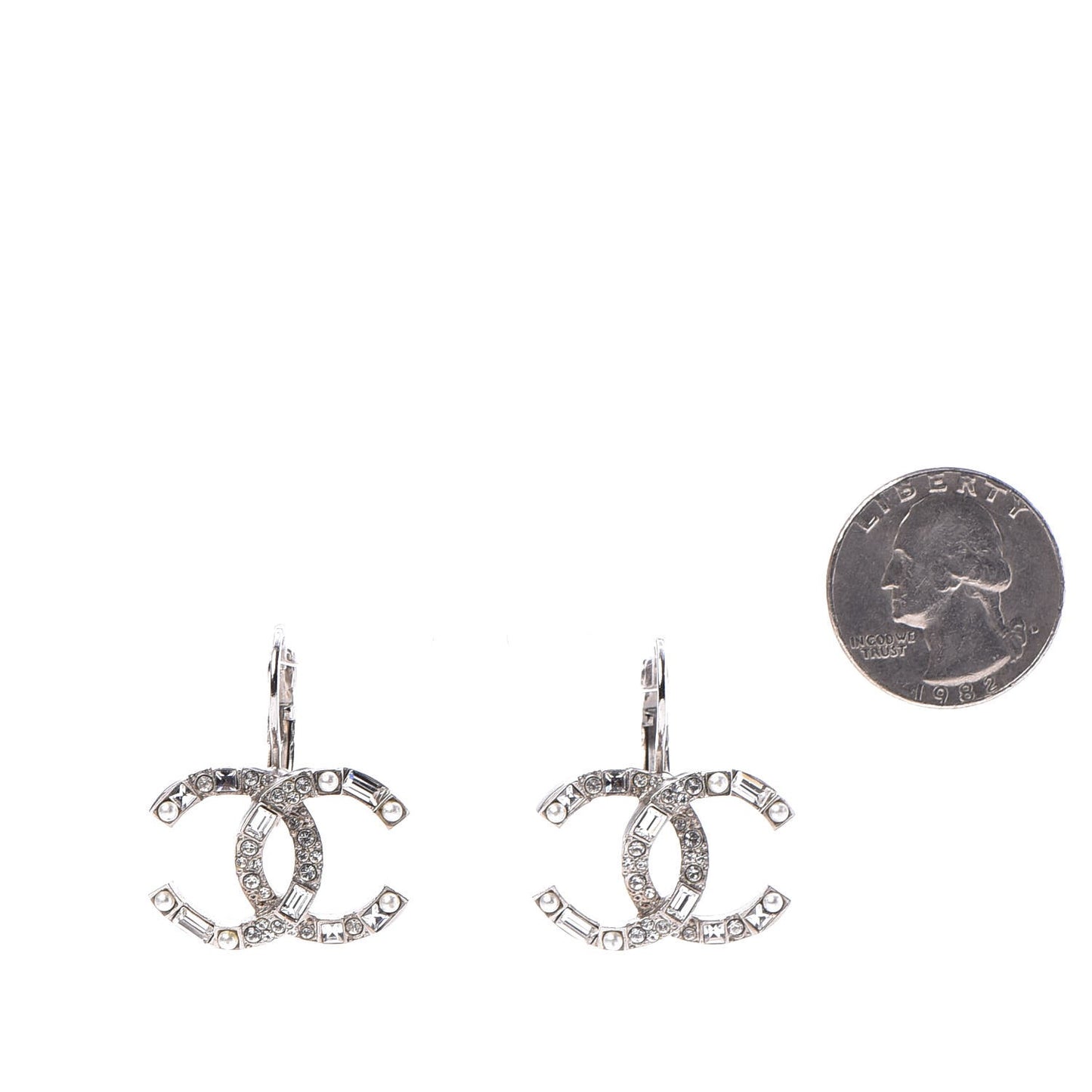 Baguette Crystal Pearl CC Drop Earrings Silver