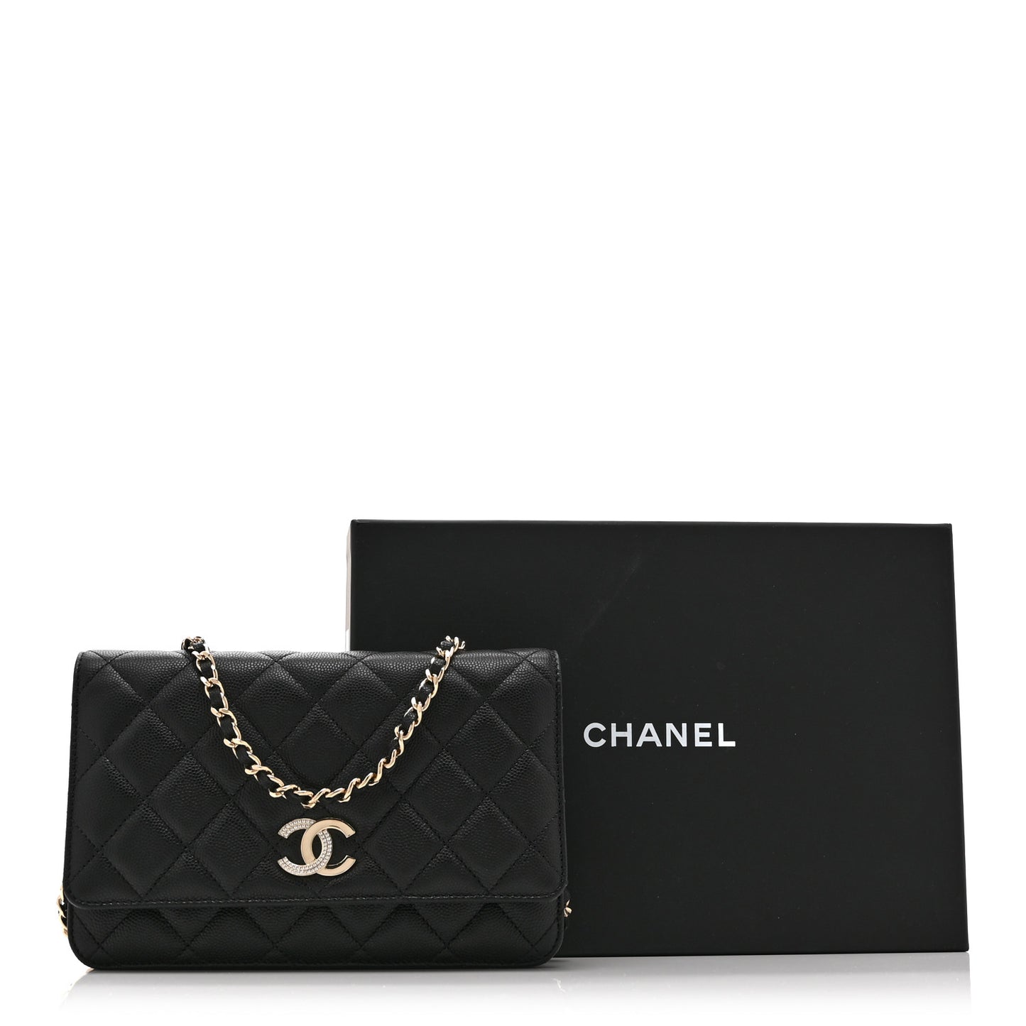 Caviar Quilted Crystal CC Wallet On Chain WOC Black