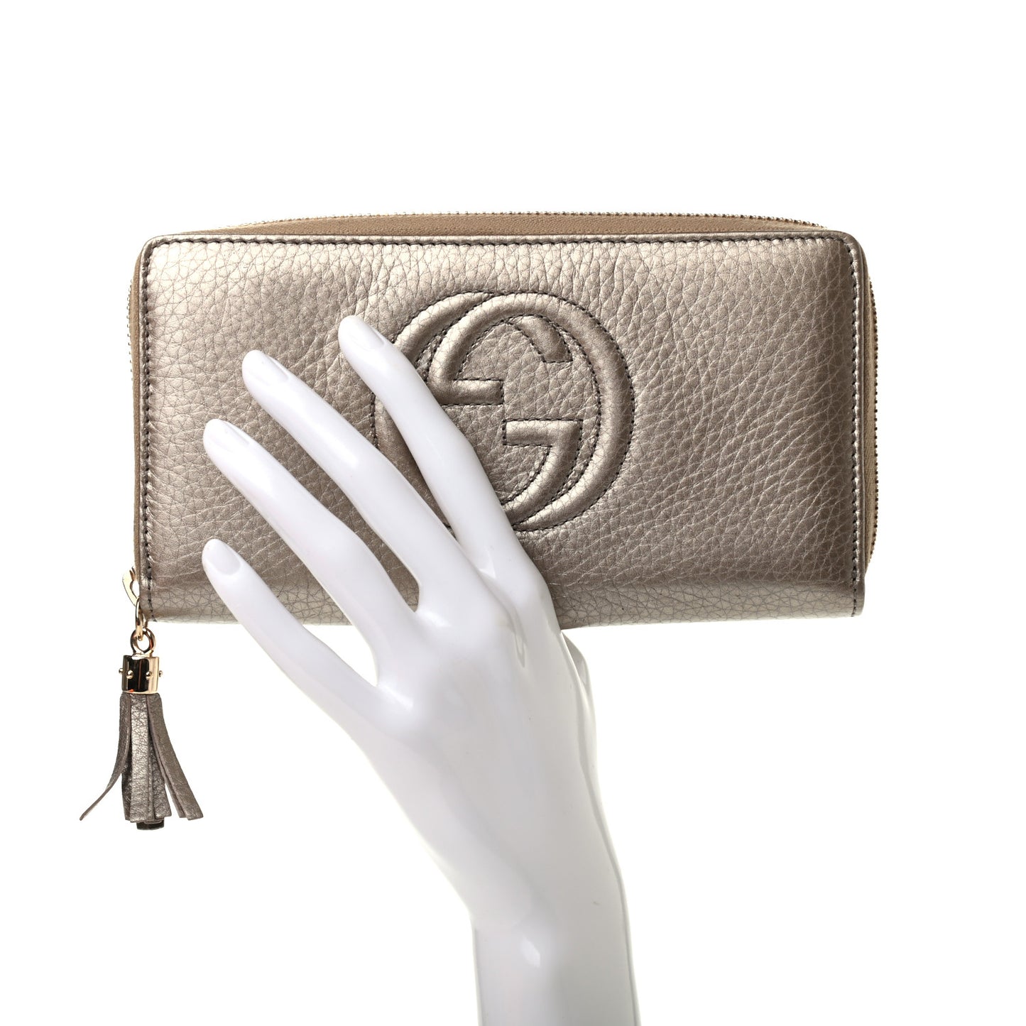 Metallic Pebbled Calfskin Soho Zip Around Wallet Golden Beige