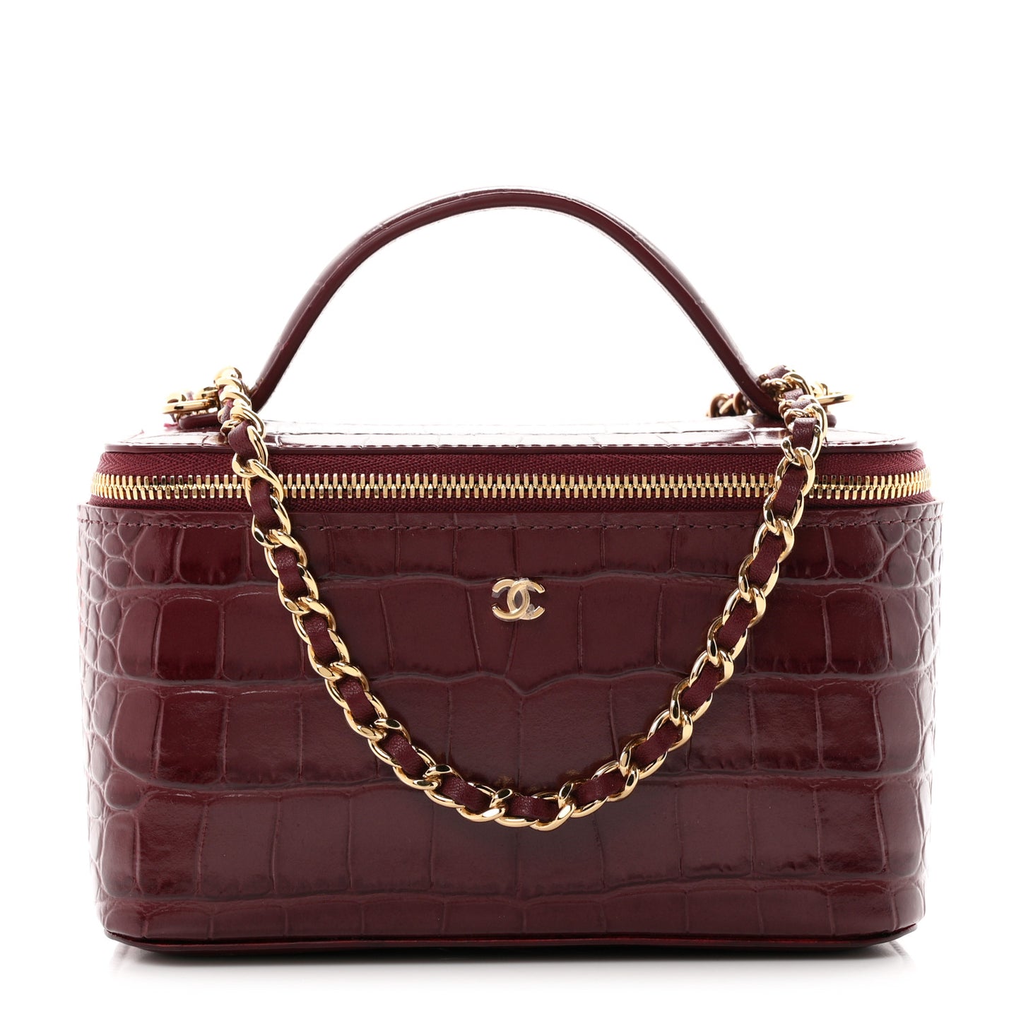 Calfskin Crocodile Embossed Crococo Small Top Handle Vanity Case With Chain Dark Burgundy