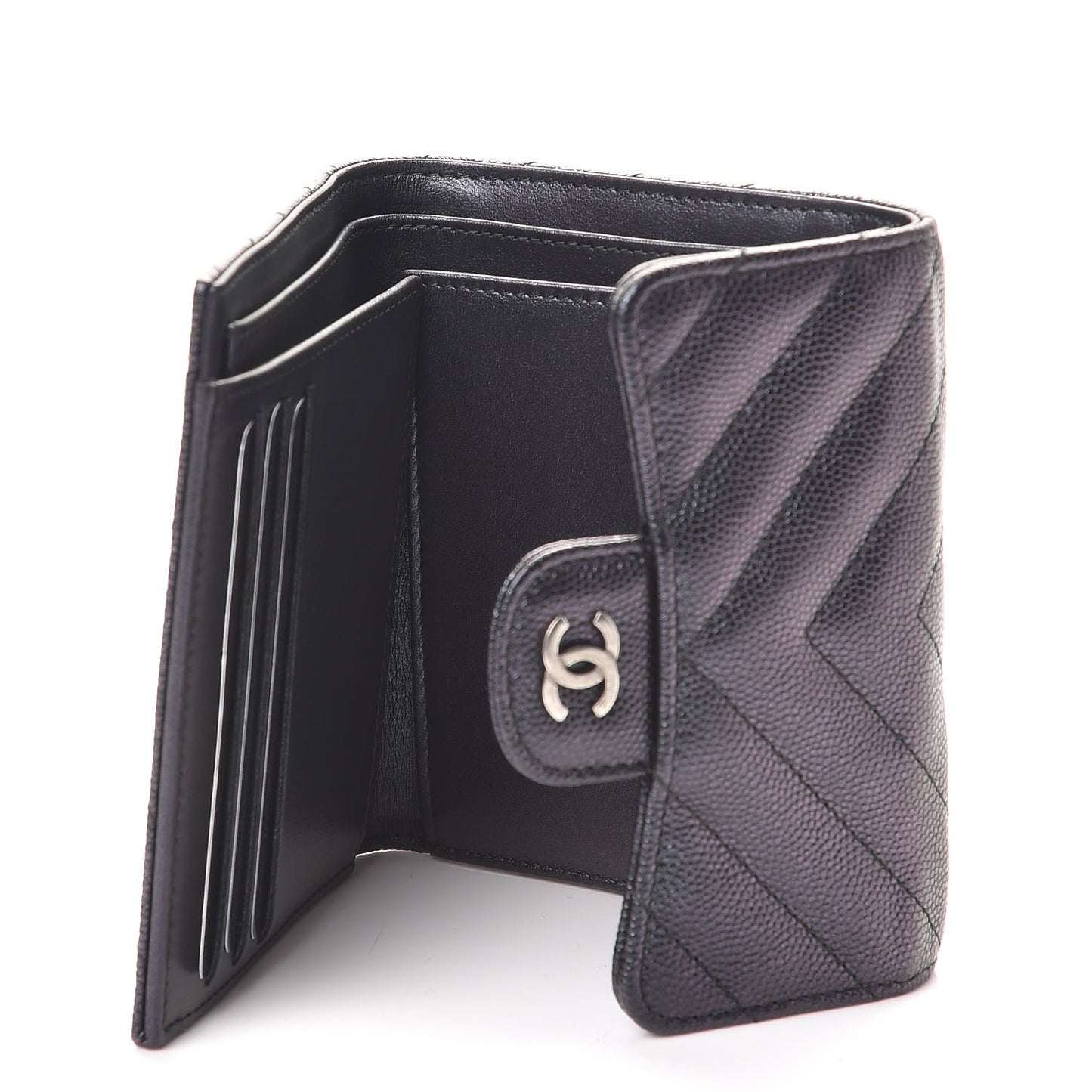 Iridescent Caviar Chevron Quilted Compact Flap Wallet Black