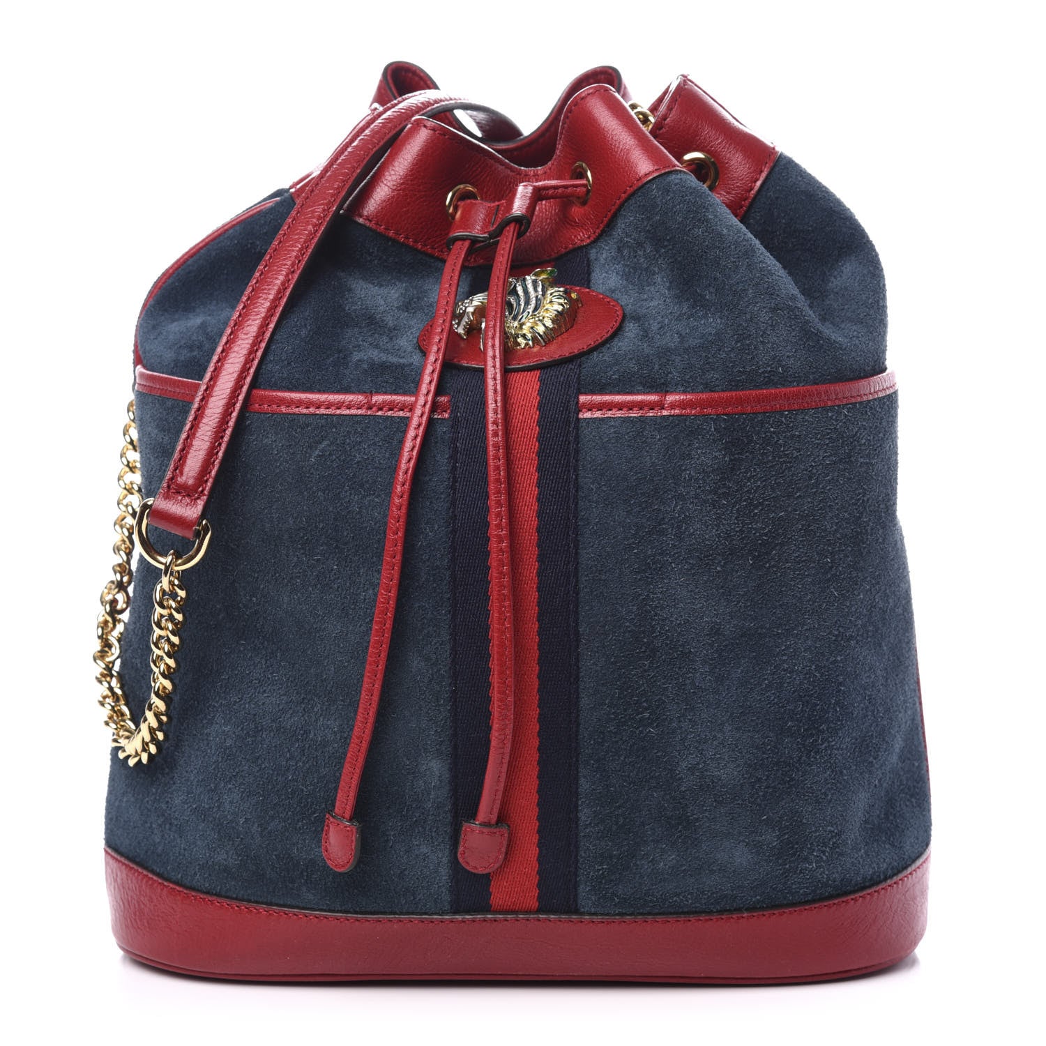 Gucci Suede Calfskin Web Medium Rajah Bucket Bag New Blue Romantic Cherry 1 of 10