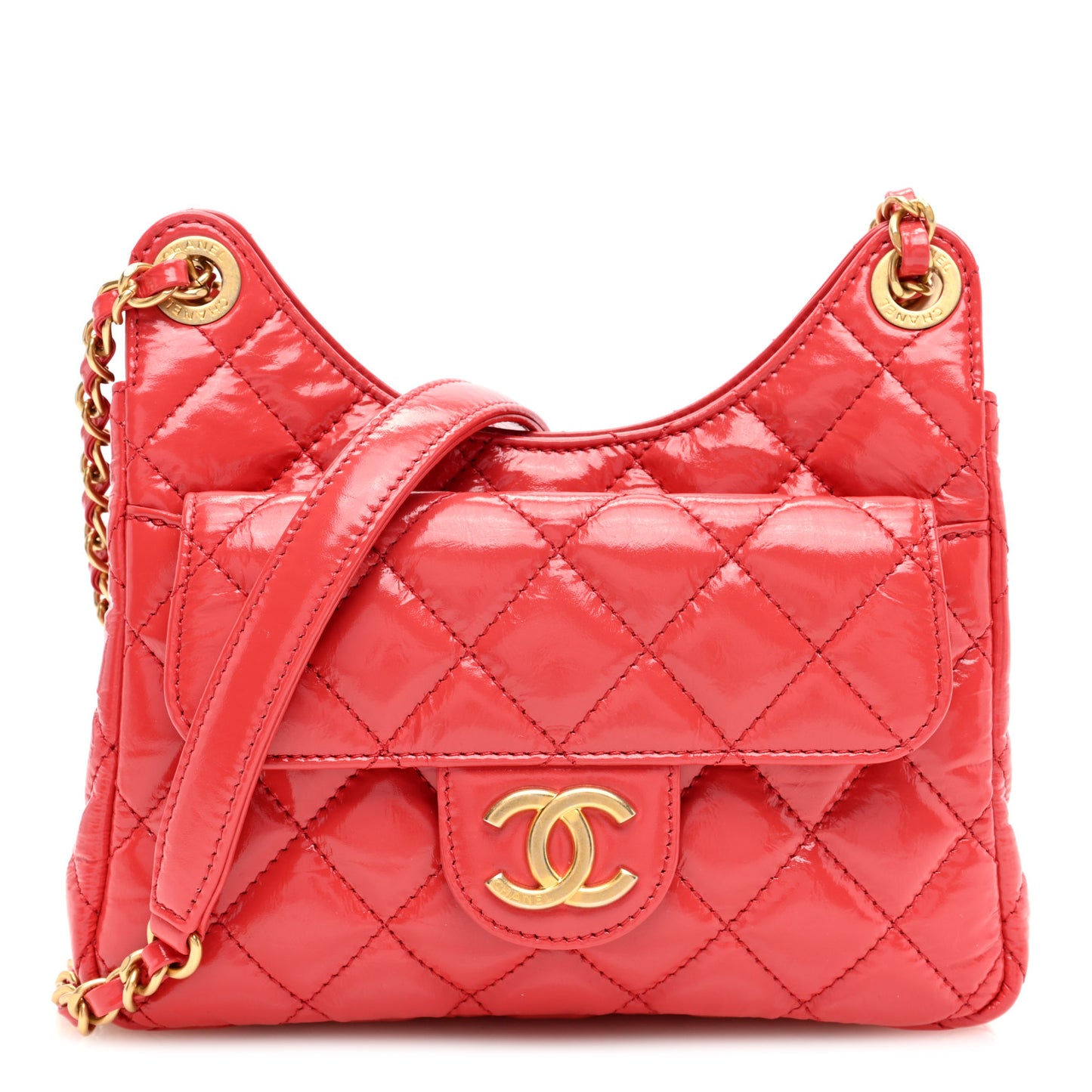 Shiny Crumpled Calfskin Quilted Small Wavy CC Hobo Red