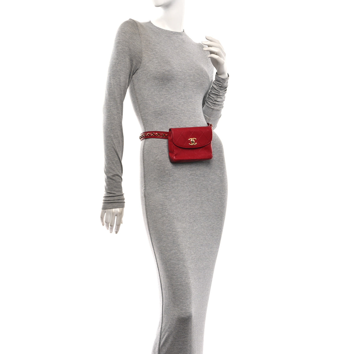Lambskin Diamond Stitched Waist Chain Belt Flap Bag 75 30 Red