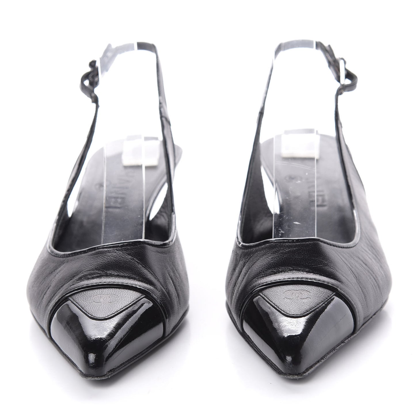 Lambskin Patent Cap Toe CC Slingback Heels 38.5 Black