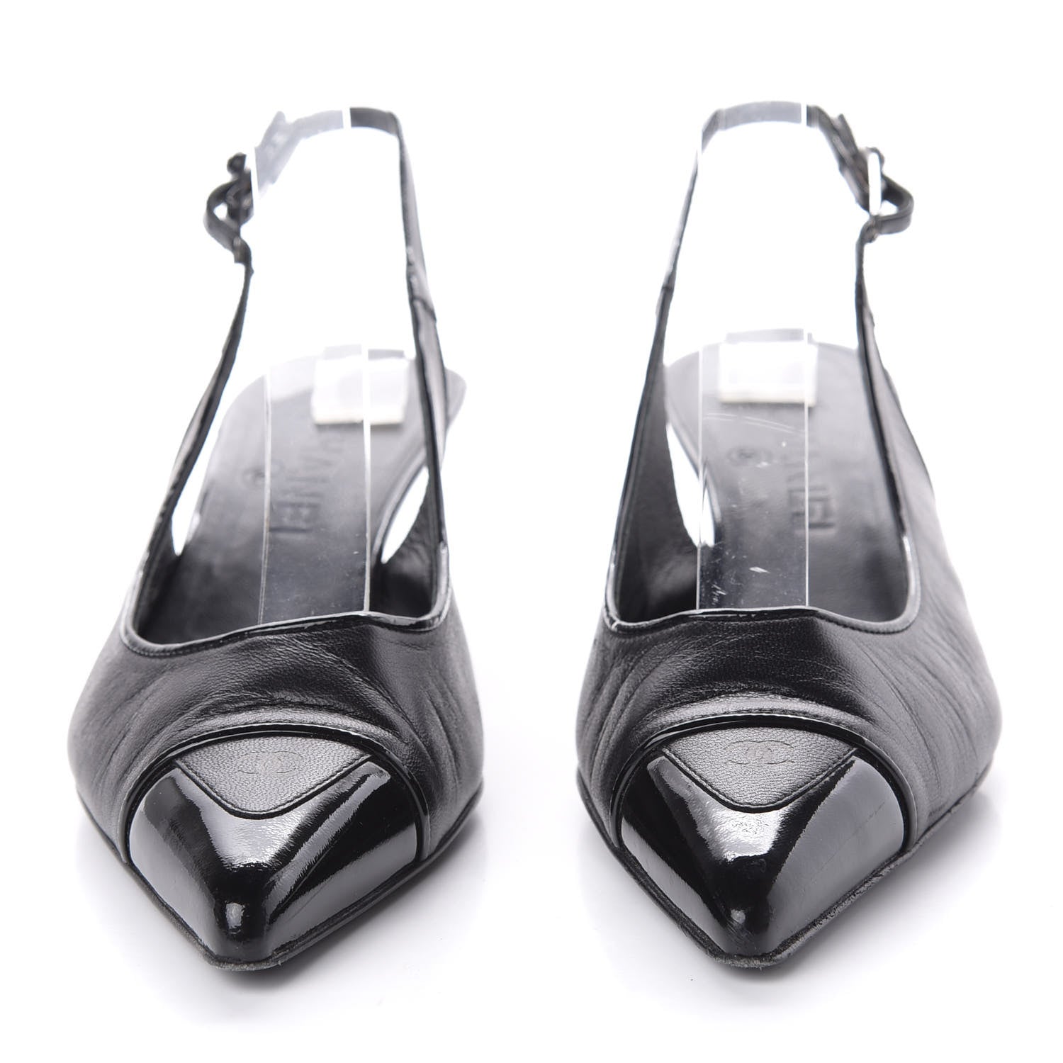 Chanel Lambskin Patent Cap Toe CC Slingback Heels 38.5 Black 2 of 8