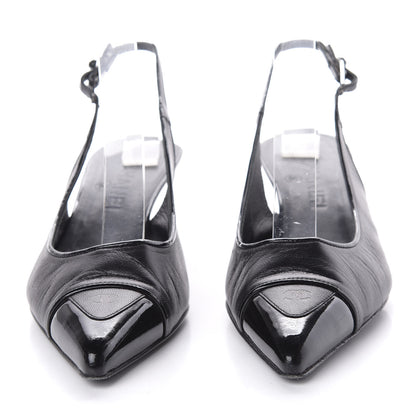 Chanel Lambskin Patent Cap Toe CC Slingback Heels 38.5 Black 2 of 8