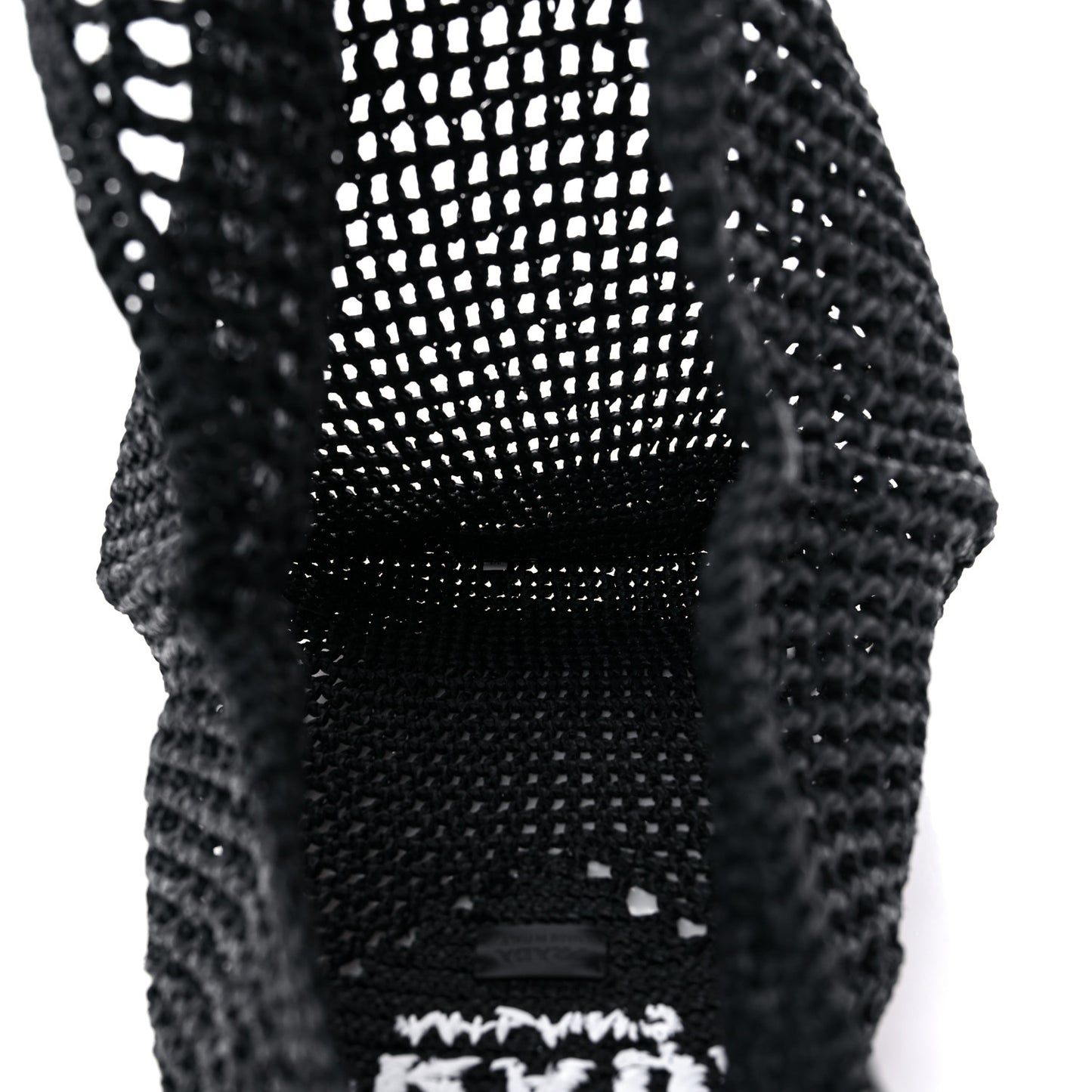 Yarn Raffia Effect Crochet Logo Embroidered Shopping Tote Bag Black