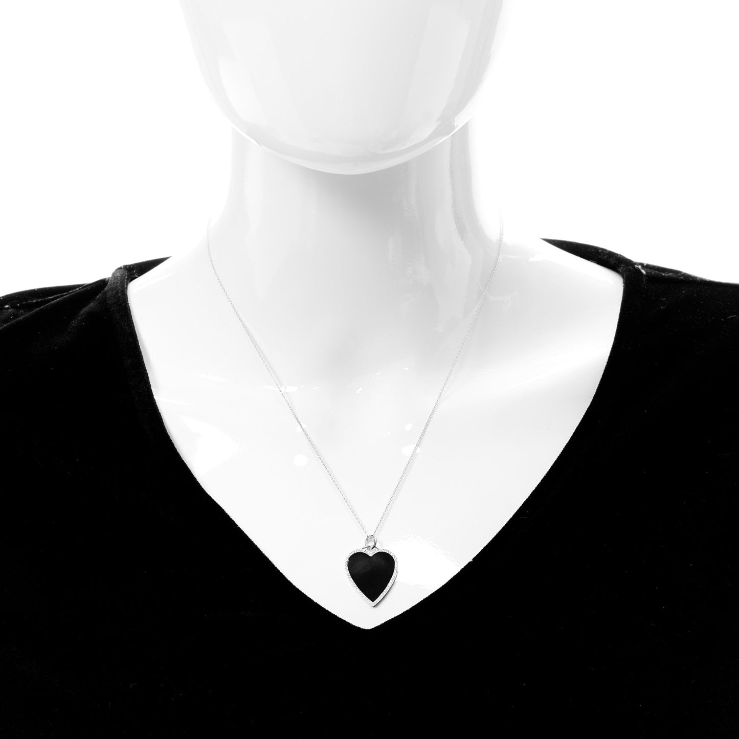 18K White Gold Diamond Black Onyx Heart Pendant Necklace