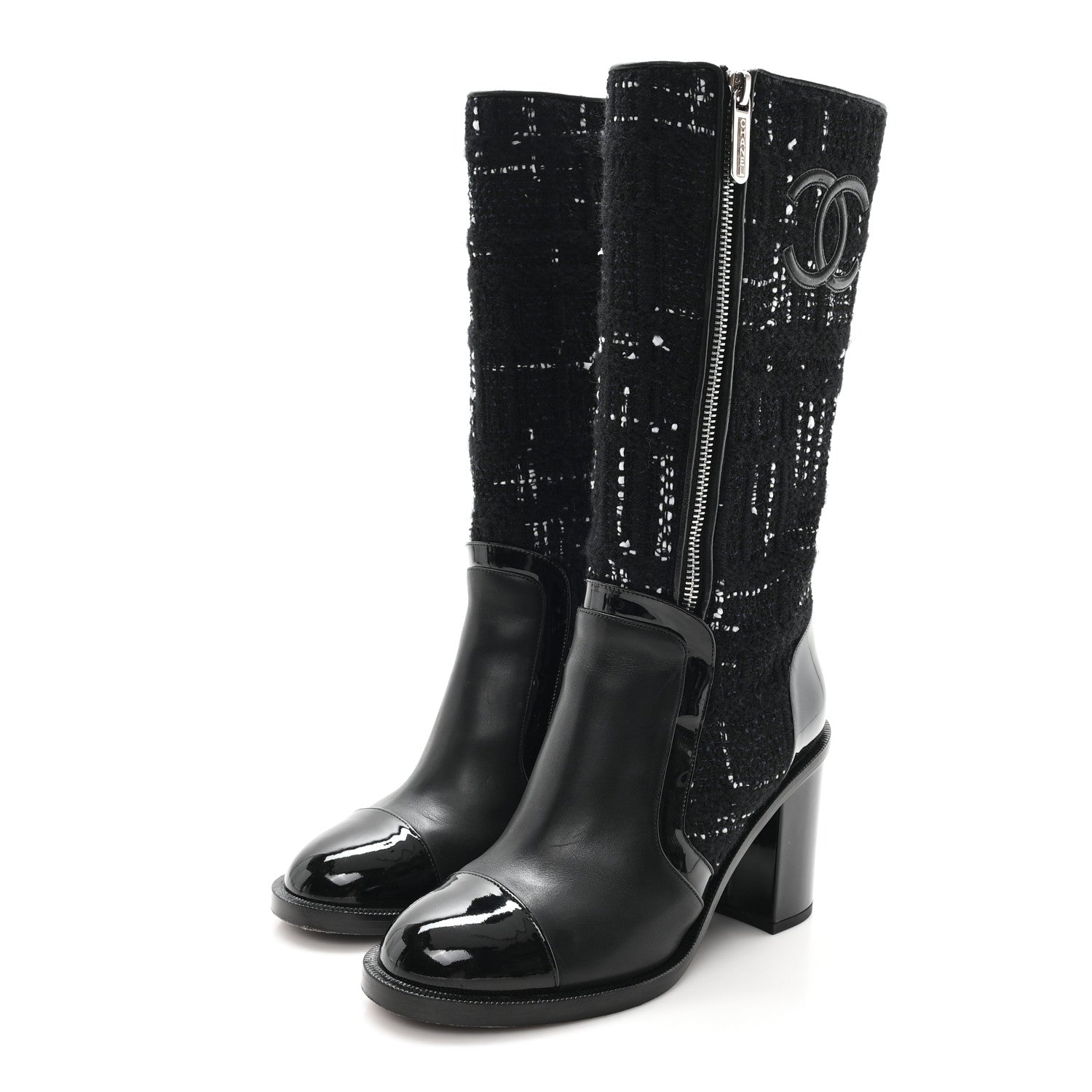 Chanel Tweed Calfskin Patent Cap Toe CC High Boots 39 Black Navy White 4 of 11