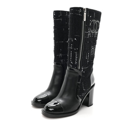 Chanel Tweed Calfskin Patent Cap Toe CC High Boots 39 Black Navy White 4 of 11