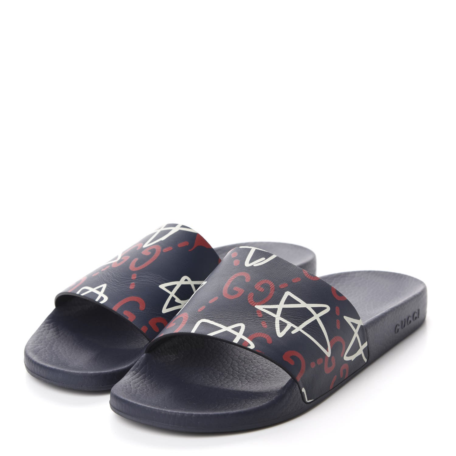 Gucci Calfskin GucciGhost Print Womens Slide Sandals 41 Blue Agata Hibiscus Red 3 of 9