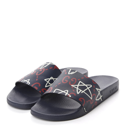 Gucci Calfskin GucciGhost Print Womens Slide Sandals 41 Blue Agata Hibiscus Red 3 of 9
