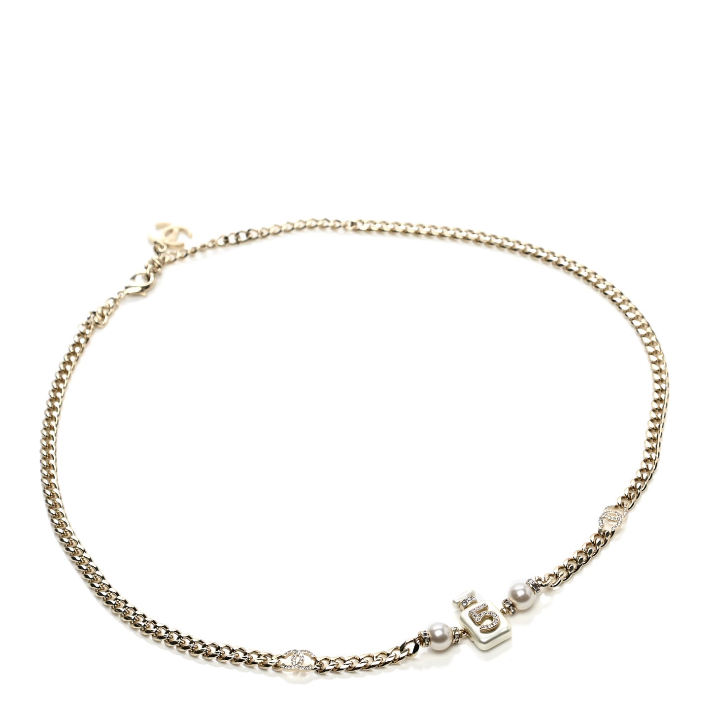 Pearl Resin Crystal CC No 5 Perfume Bottle Chain Belt Gold Pearly White