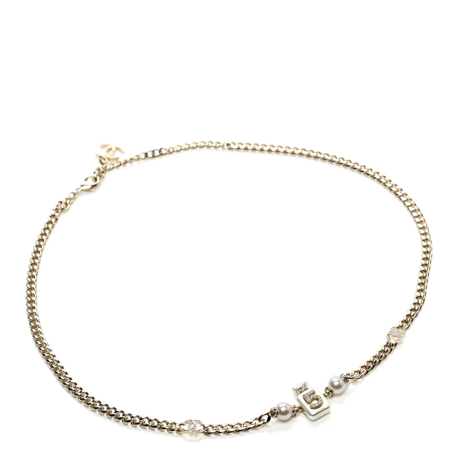 Chanel Pearl Resin Crystal CC No 5 Perfume Bottle Chain Belt Gold Pearly White 1 of 5
