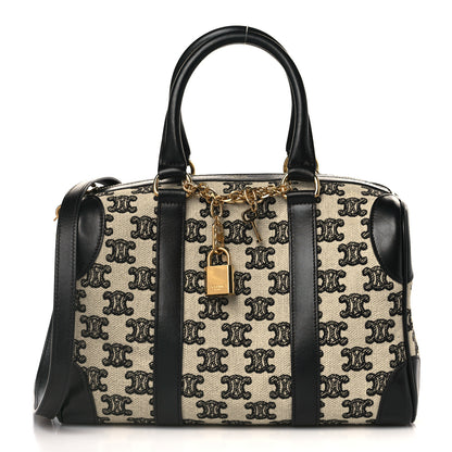 Celine Canvas Calfskin Triomphe Embroidered Boston Bag Black 1 of 10