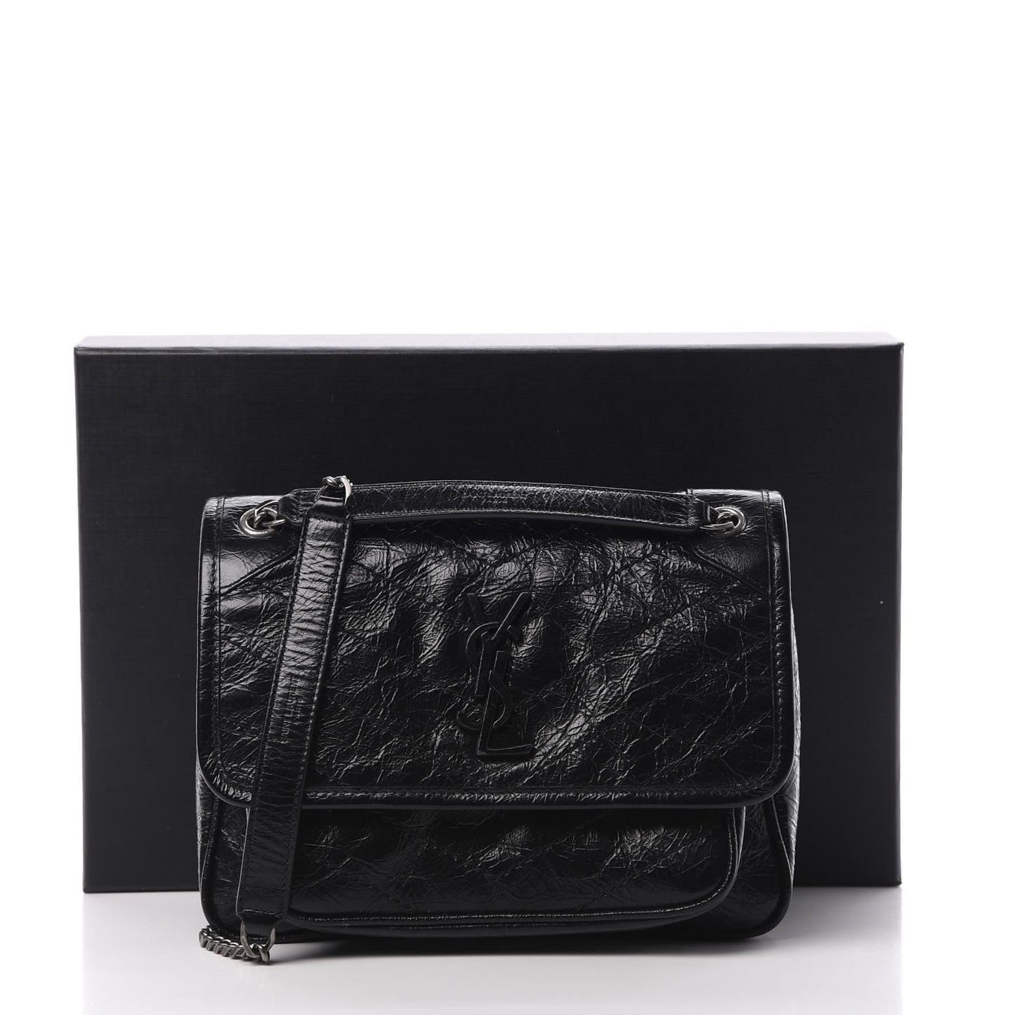 Crinkled Calfskin Matelasse Monogram Baby Niki Chain Satchel Black