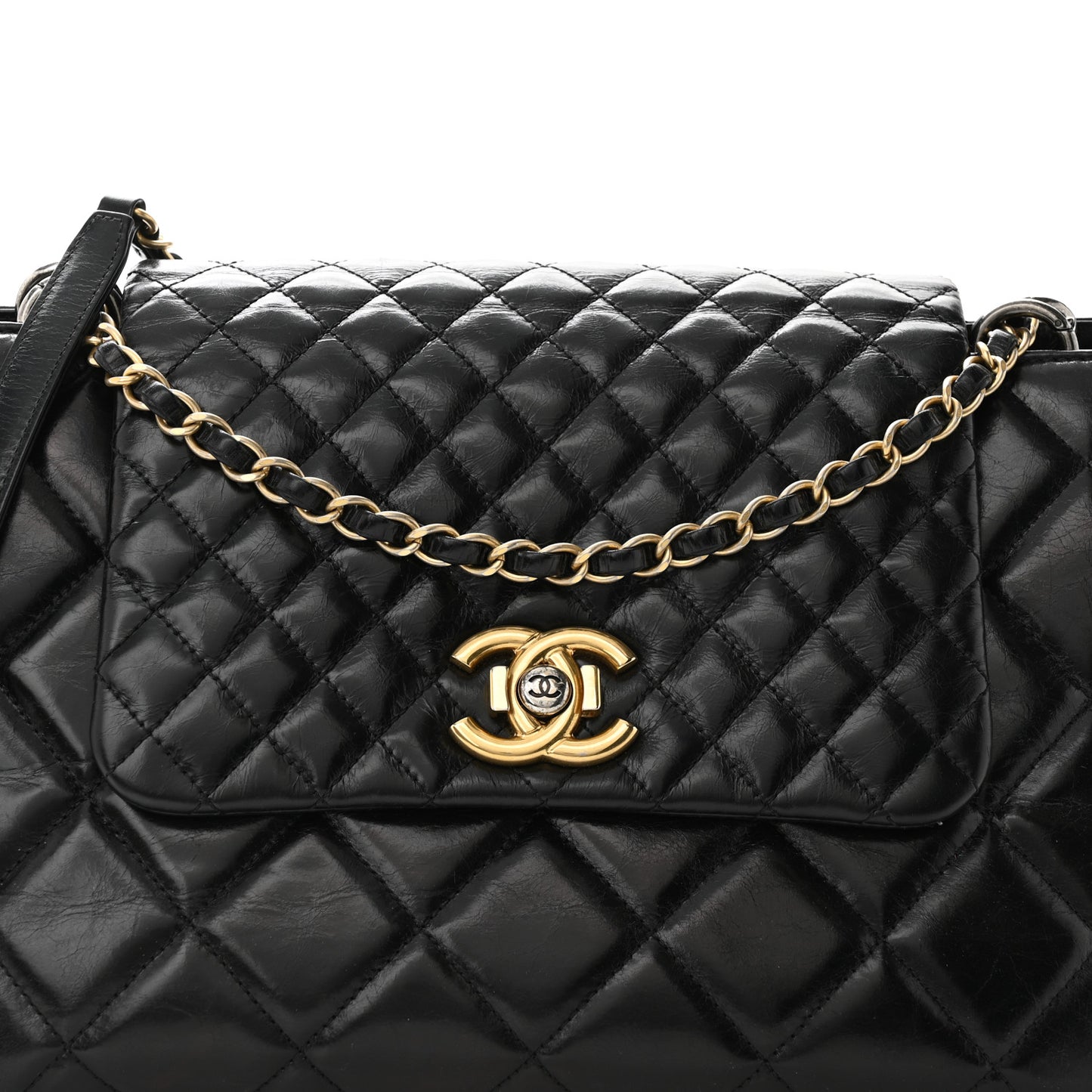 Glazed Calfskin Quilted Large Daily Walk Flap Black