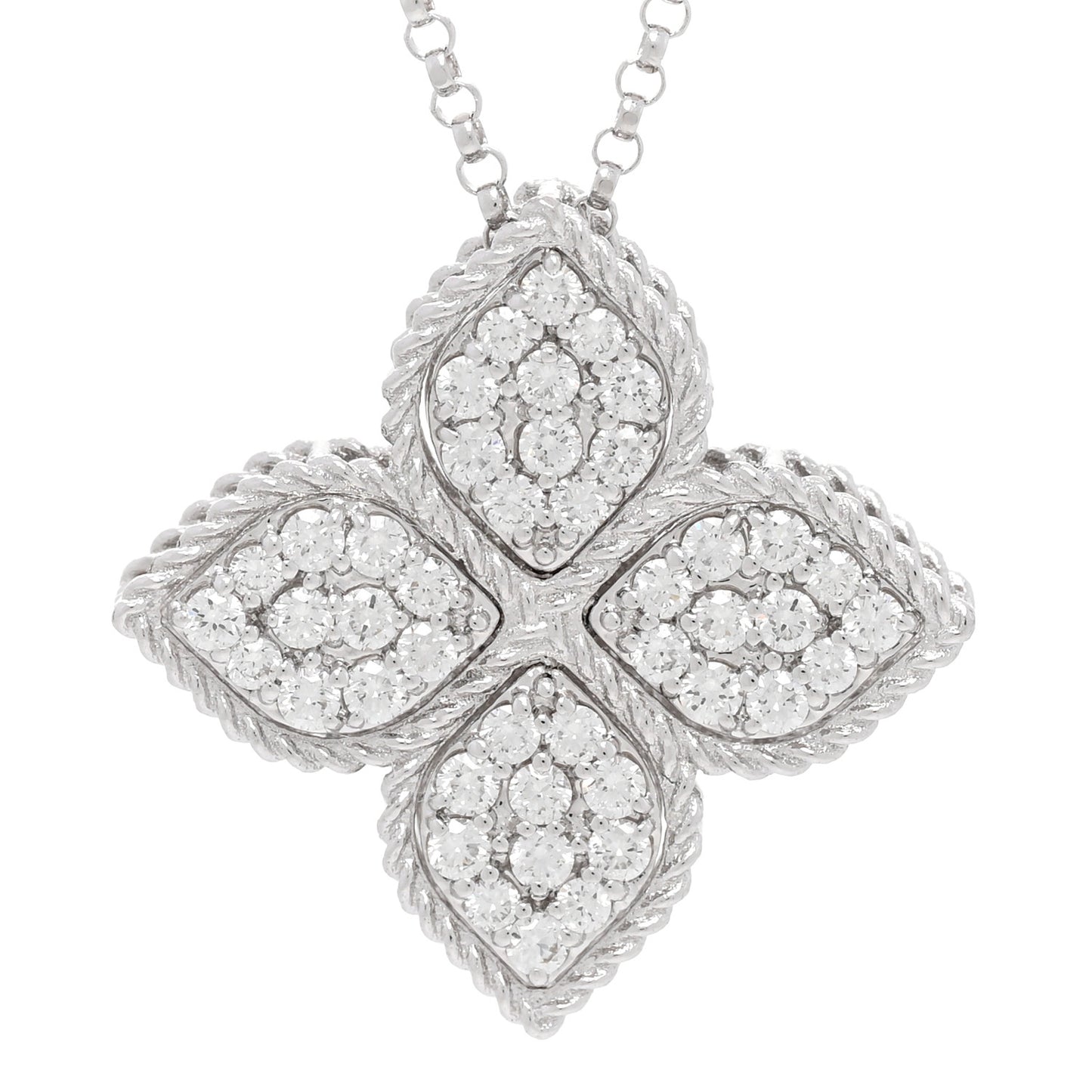 18K White Gold Diamond Large Venetian Princess Flower Pendant Necklace