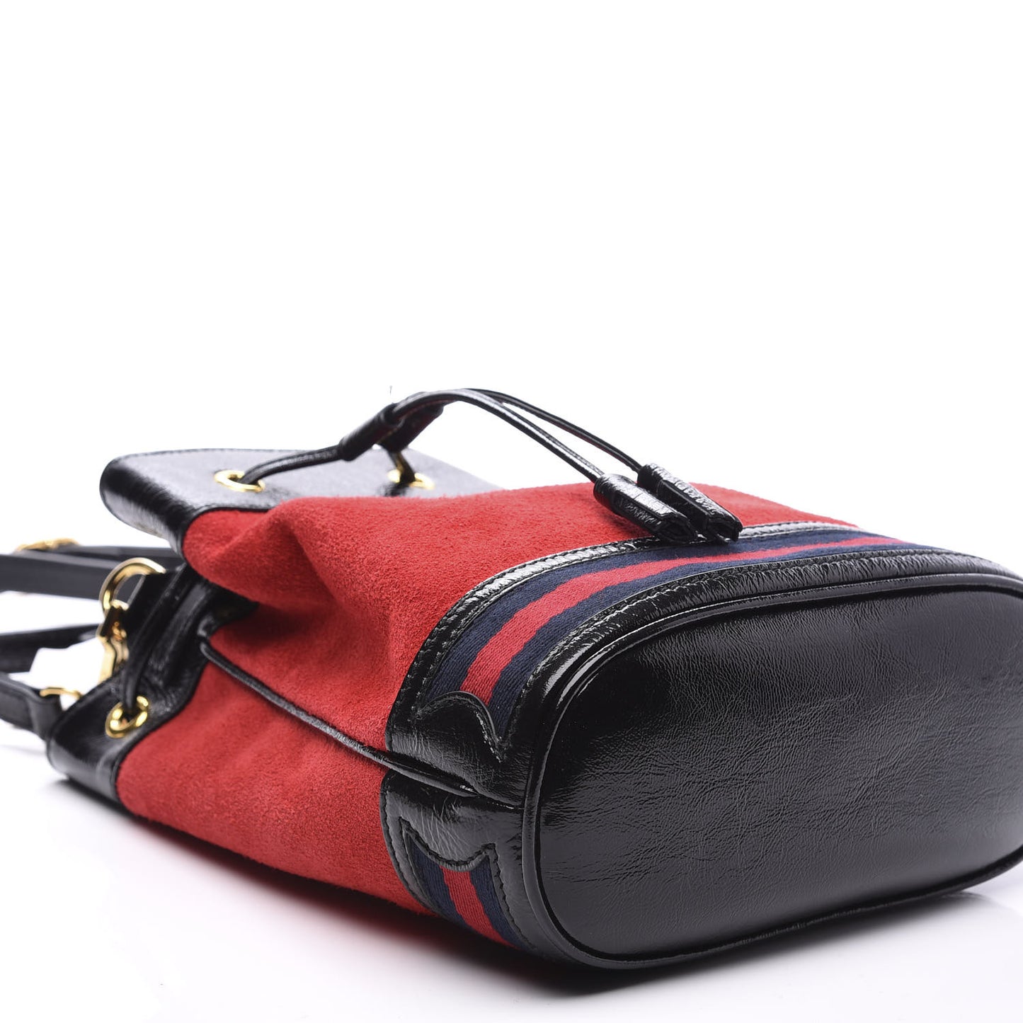 Suede Patent Web Small Ophidia Bucket Bag Hibiscus Red Black