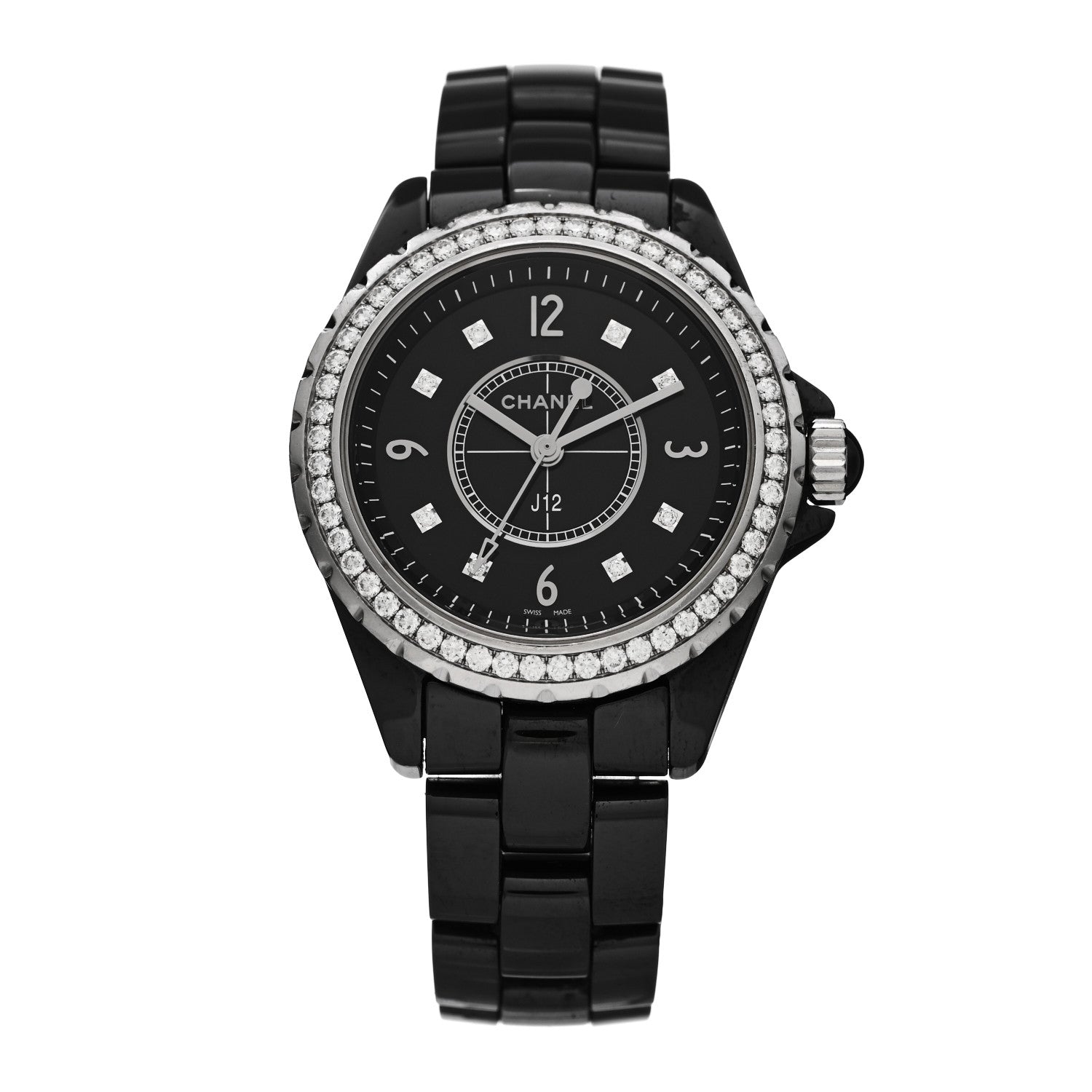 Chanel Stainless Steel Ceramic Diamond Bezel 33mm J12 Quartz Watch Black 1 of 5