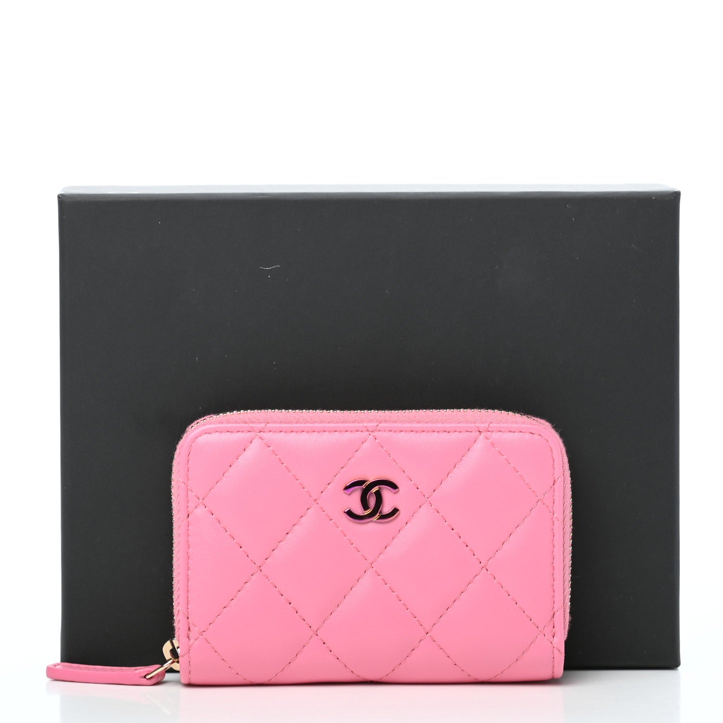 Lambskin Quilted Zip Around Coin Purse Wallet Pink Yellow