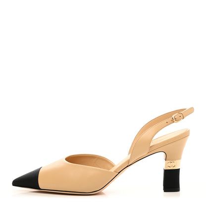 Chanel Goatskin Grosgrain Cap Toe CC Slingback Pumps 40.5 Beige Black 1 of 8