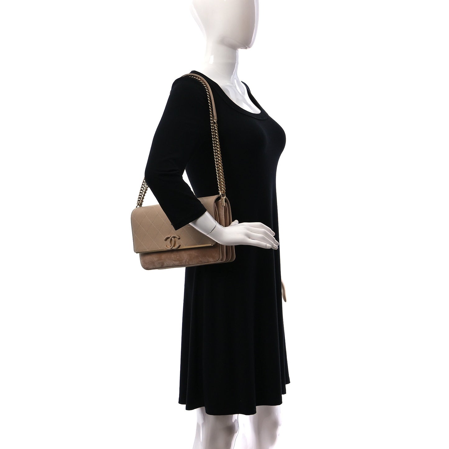 Caviar Suede Stitched Lady Coco Flap Beige
