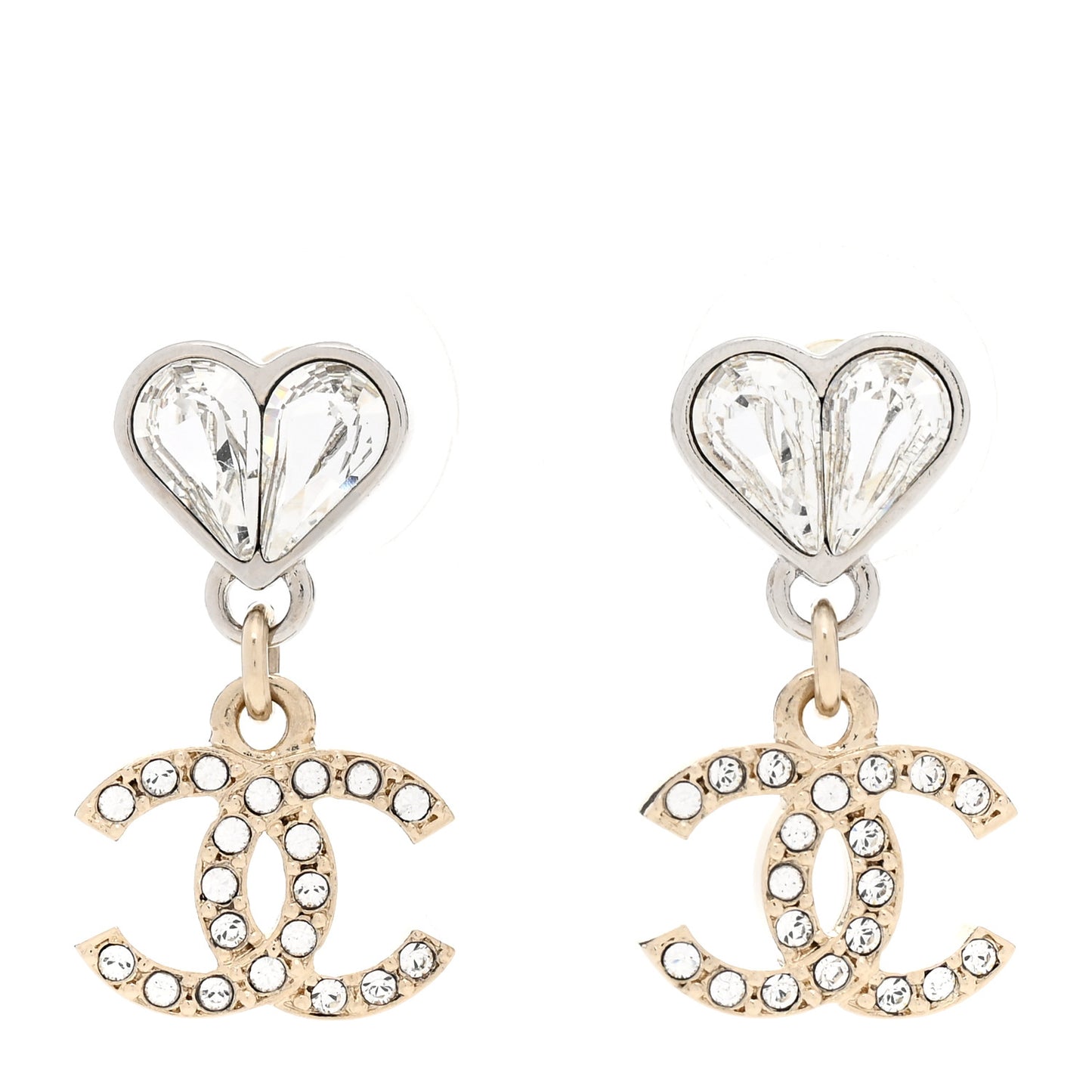 Crystal CC Heart Drop Earrings Gold Silver