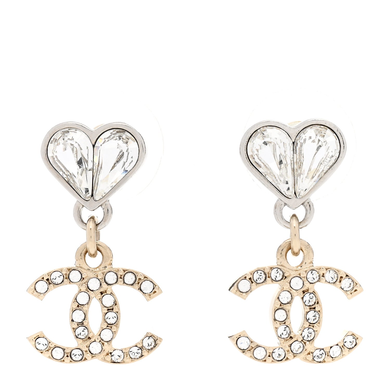 Chanel Crystal CC Heart Drop Earrings Gold Silver 1 of 5