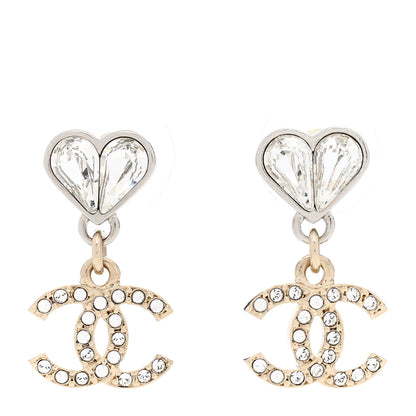 Chanel Crystal CC Heart Drop Earrings Gold Silver 1 of 5