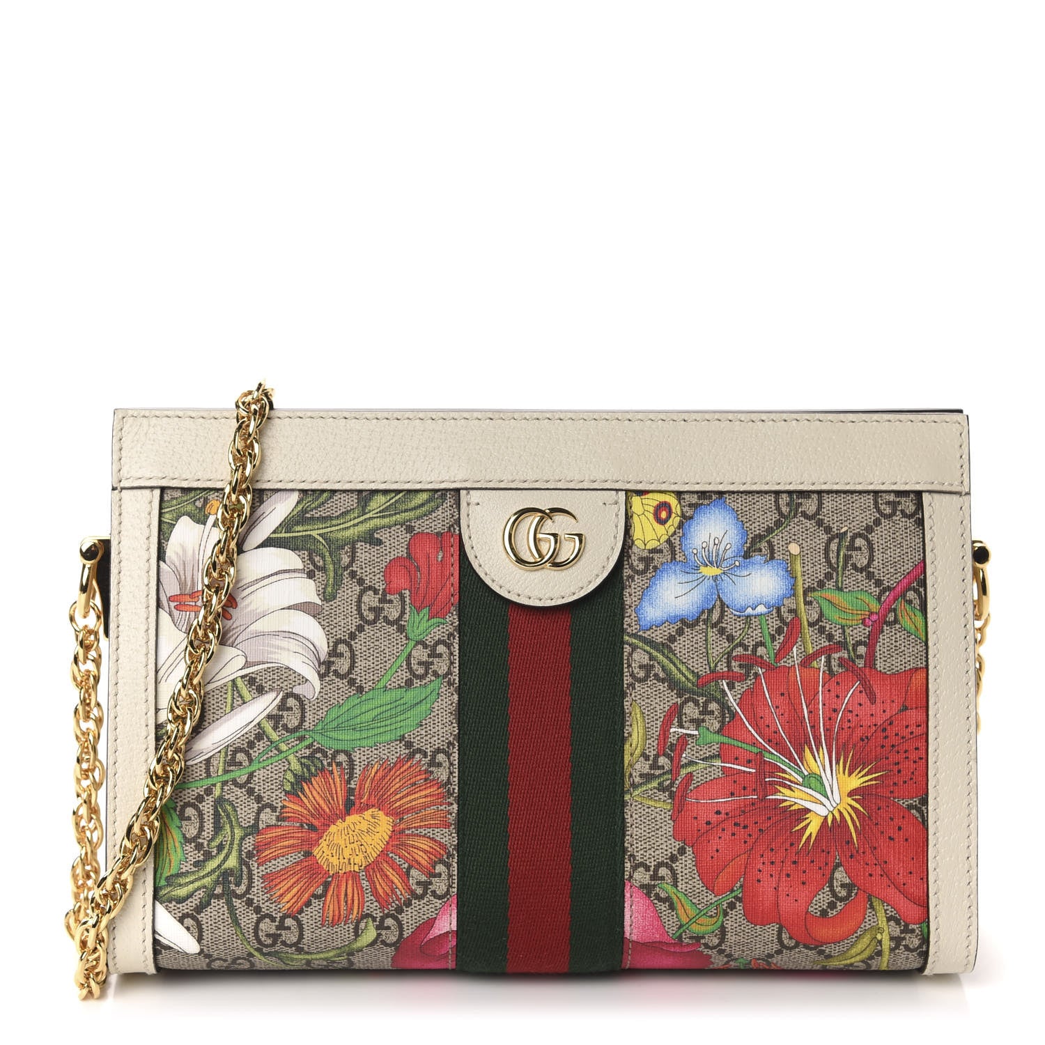 Gucci GG Supreme Monogram Flora Web Small Ophidia Chain Shoulder Bag White 1 of 10