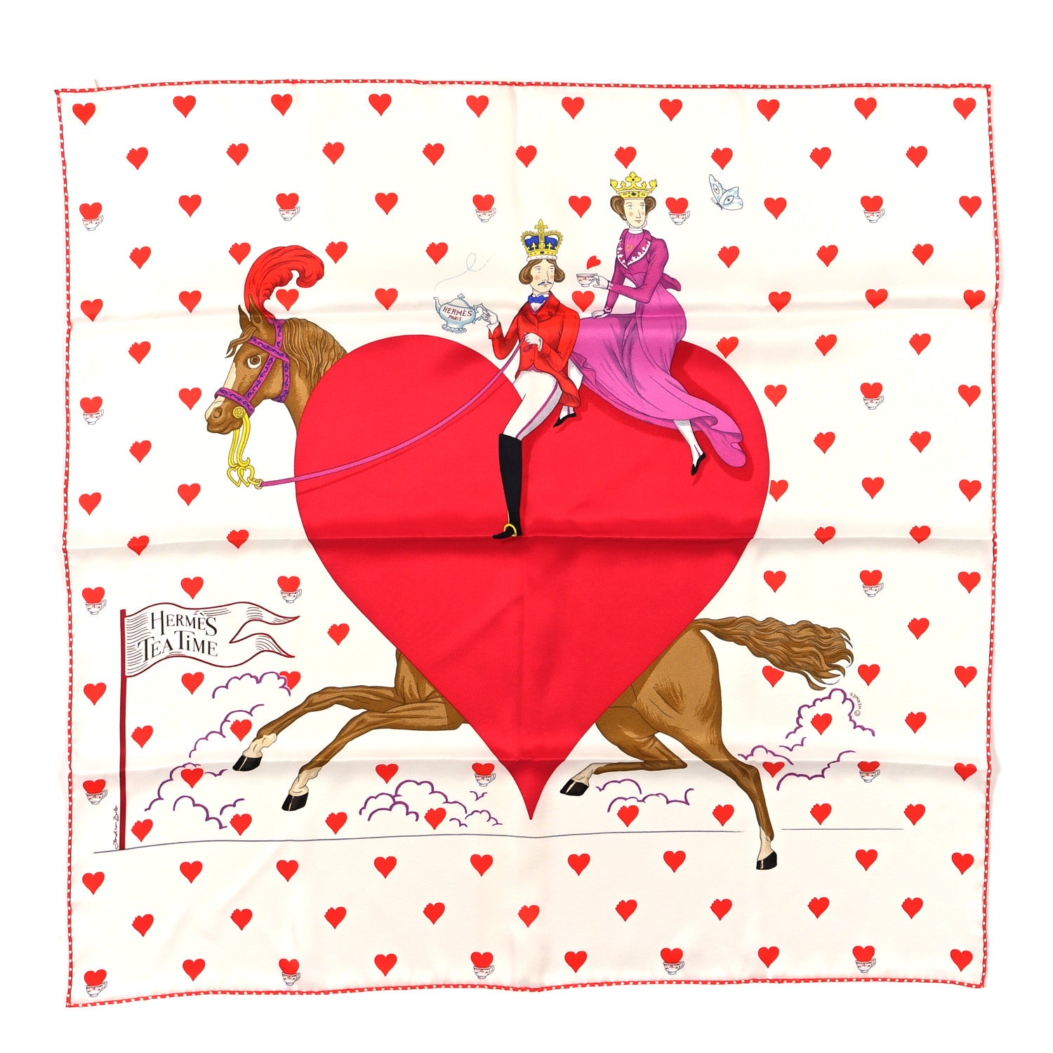 Hermes Silk Tea Time Scarf 70 White Framboise Rouge 1 of 3